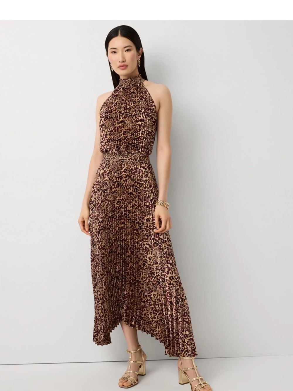 White House Black Market Leopard Halter High-Low Midi Dress